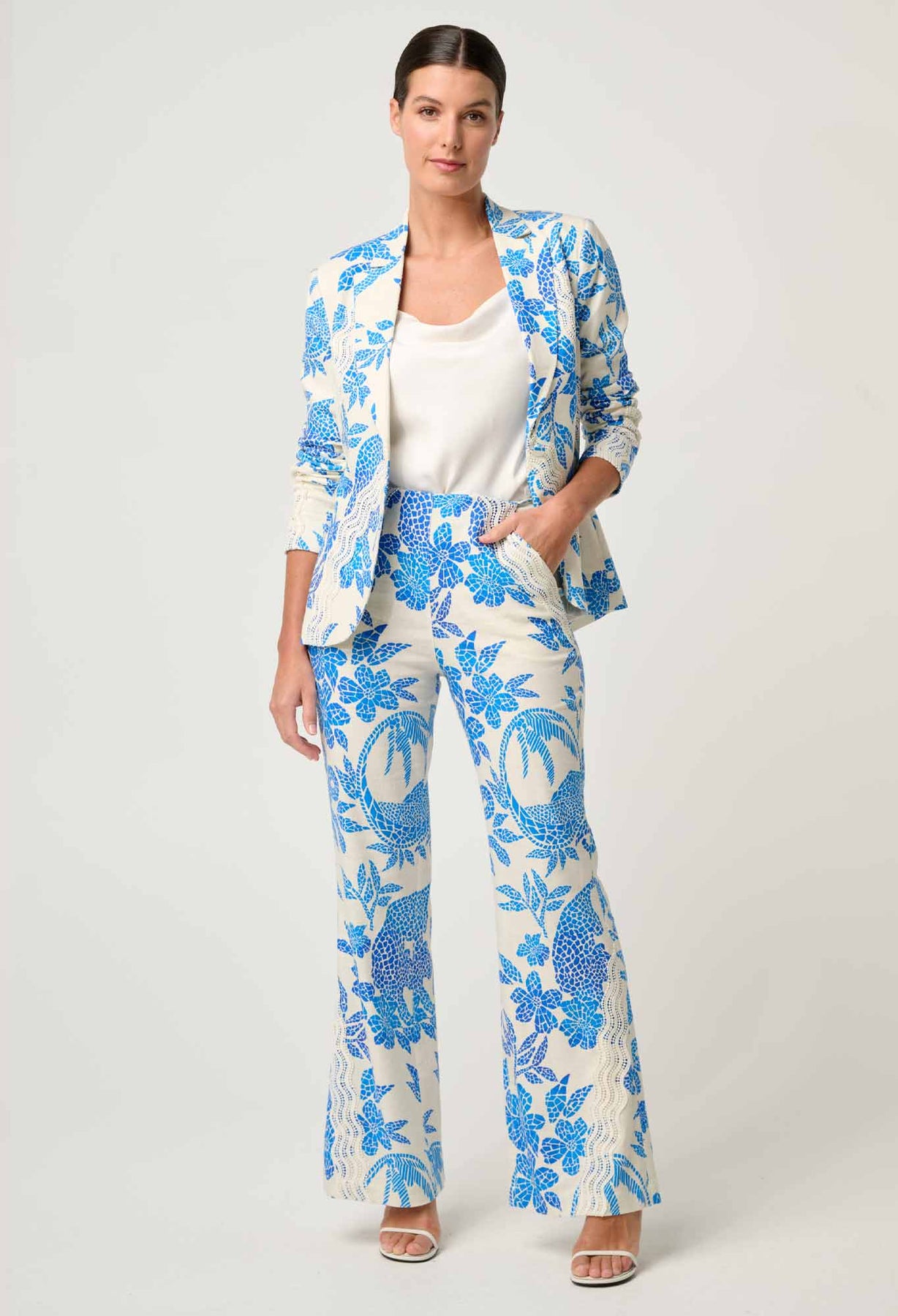 OnceWas Leandro Contrast Lace Linen Viscose Stretch Pant in Azure Mosaic