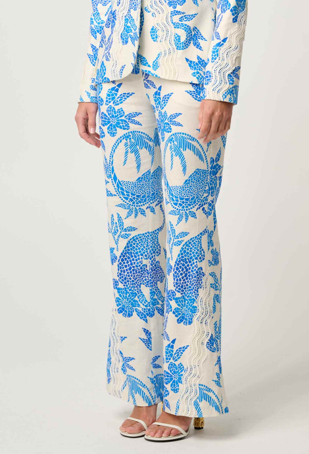OnceWas Leandro Contrast Lace Linen Viscose Stretch Pant in Azure Mosaic