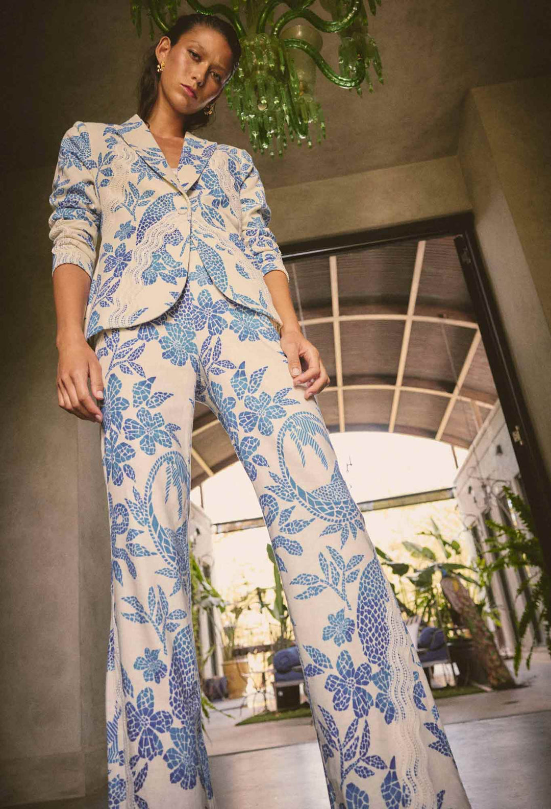 OnceWas Leandro Contrast Lace Linen Viscose Stretch Pant in Azure Mosaic