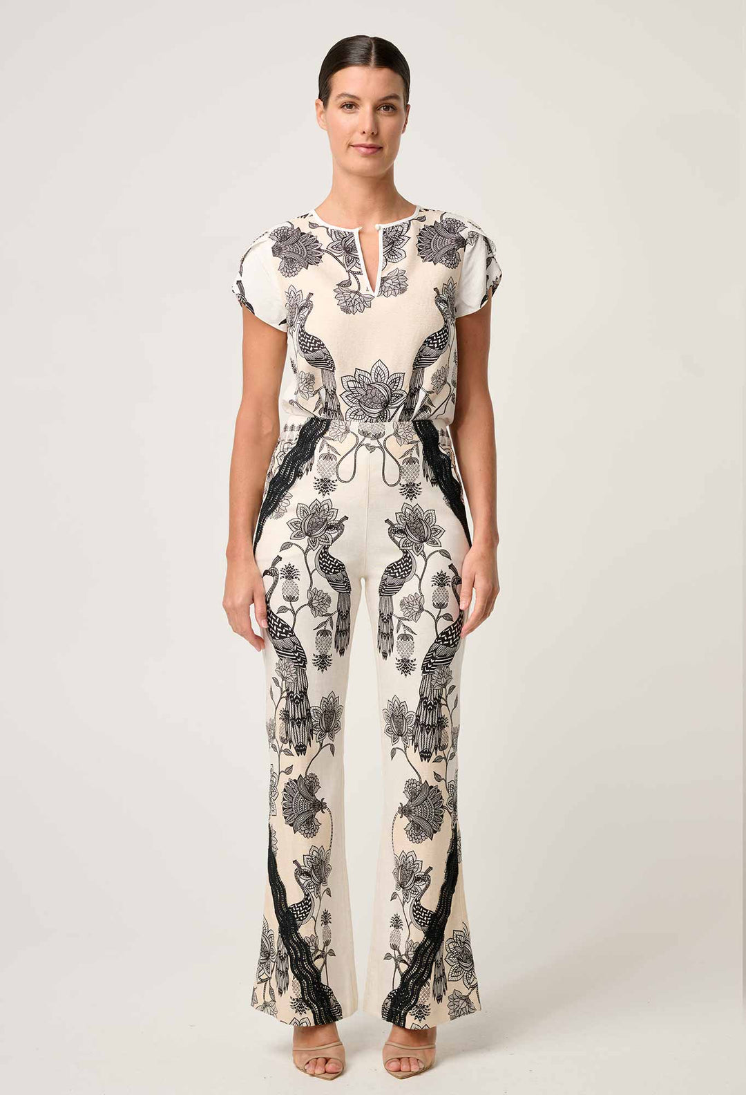 OnceWas Leandro Contrast Lace Linen Viscose Stretch Pant in Imperial Stone
