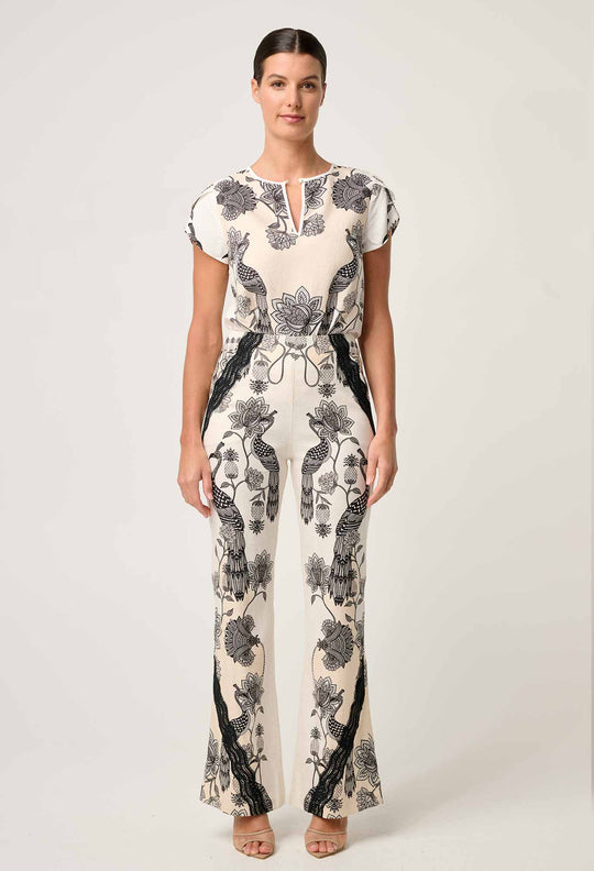 OnceWas Leandro Contrast Lace Linen Viscose Stretch Pant in Imperial Stone