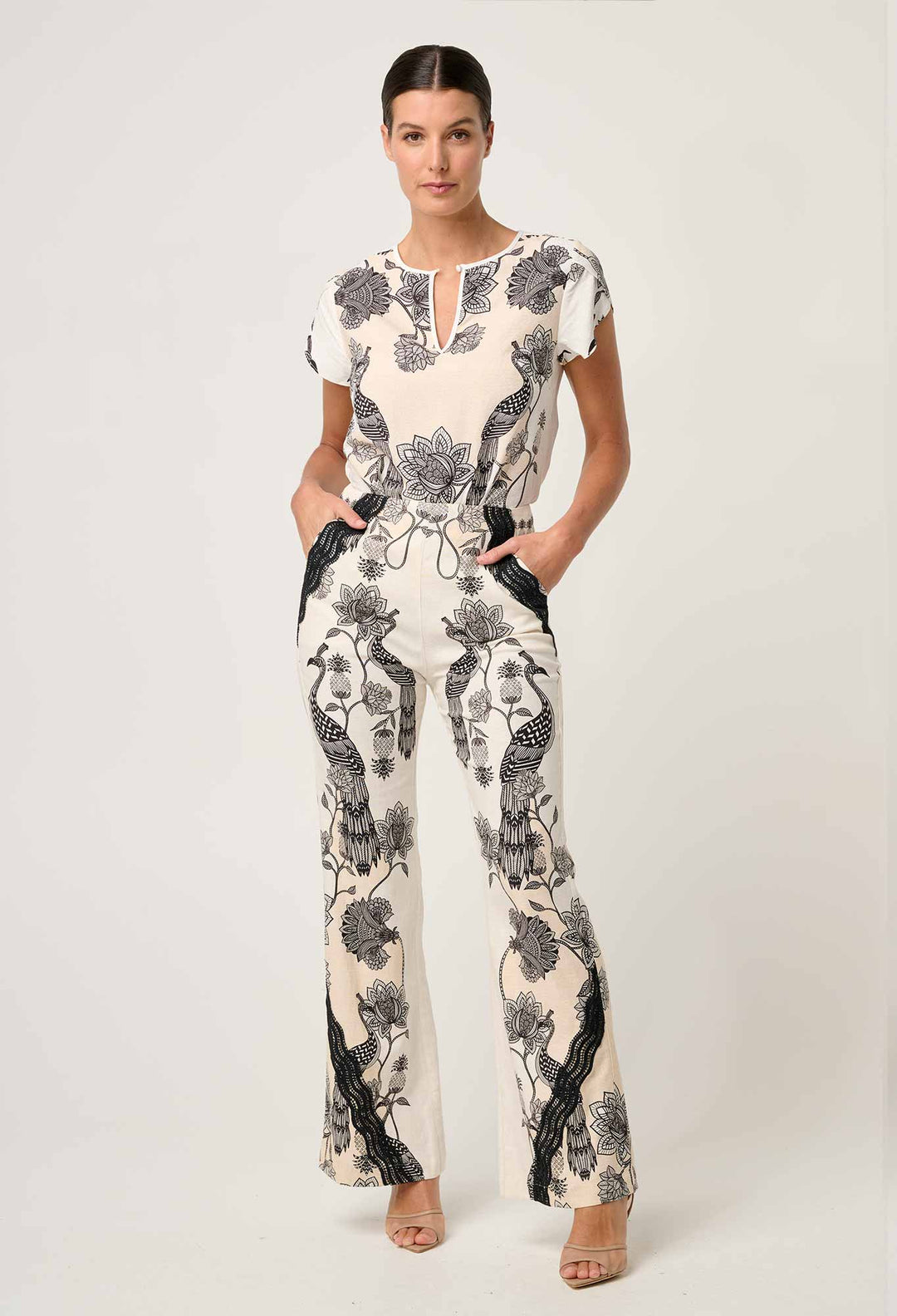OnceWas Leandro Contrast Lace Linen Viscose Stretch Pant in Imperial Stone