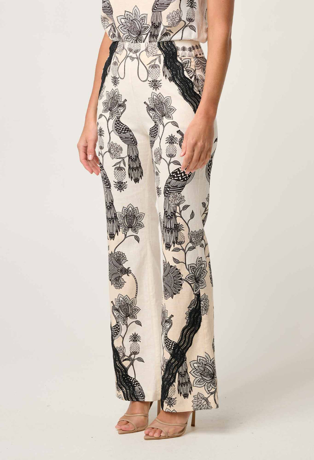 OnceWas Leandro Contrast Lace Linen Viscose Stretch Pant in Imperial Stone