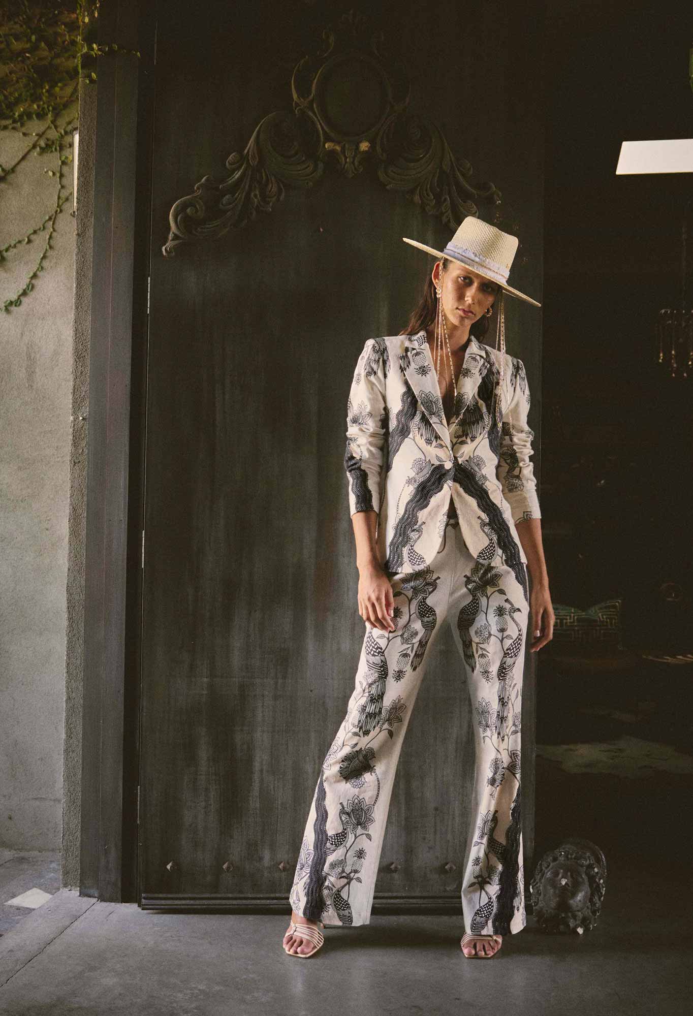 OnceWas Leandro Contrast Lace Linen Viscose Stretch Pant in Imperial Stone