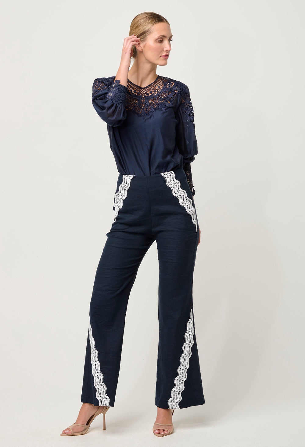 OnceWas Leandro Linen Viscose Stretch Pant in Night Sky