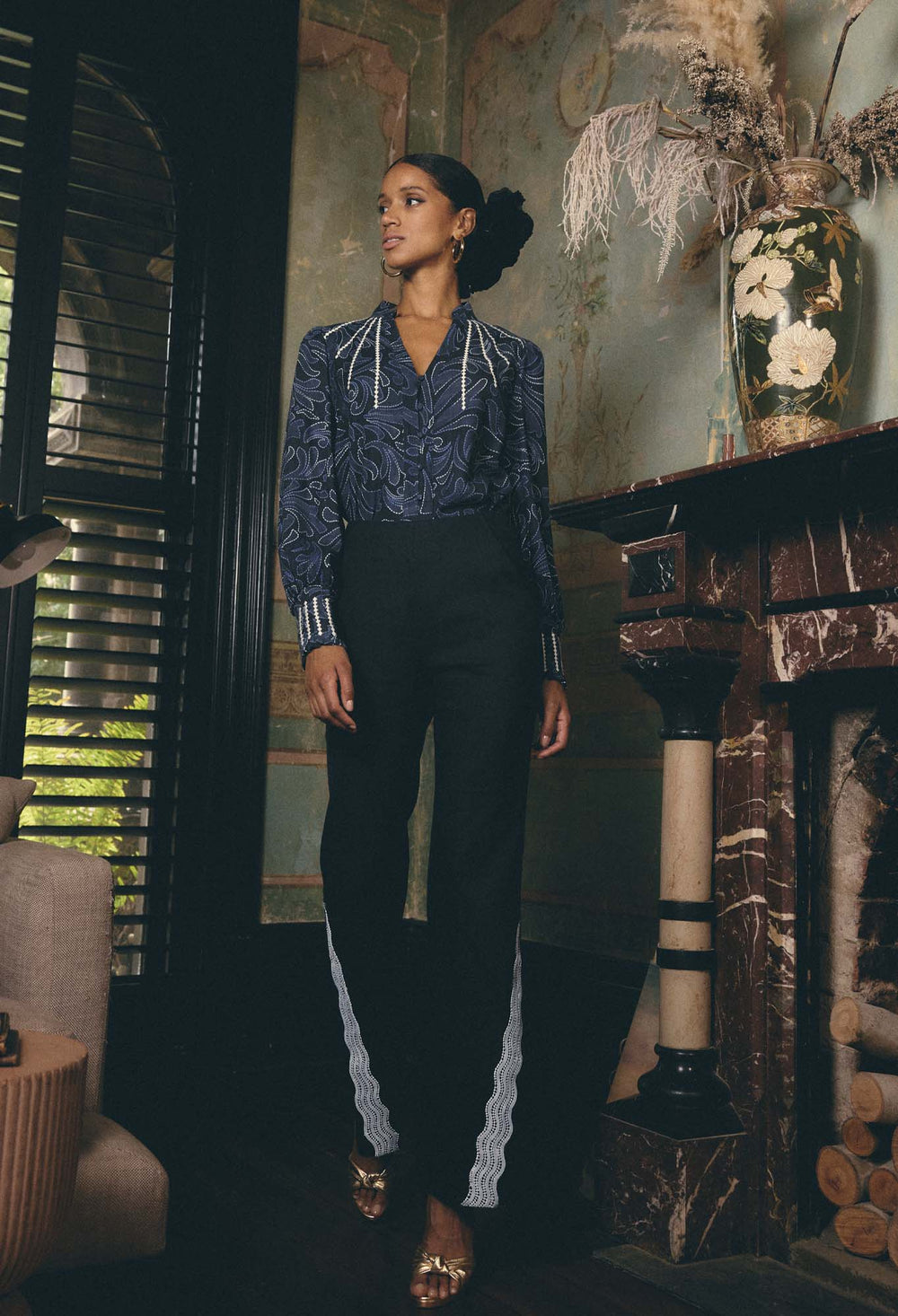 OnceWas Leandro Linen Viscose Stretch Pant in Night Sky