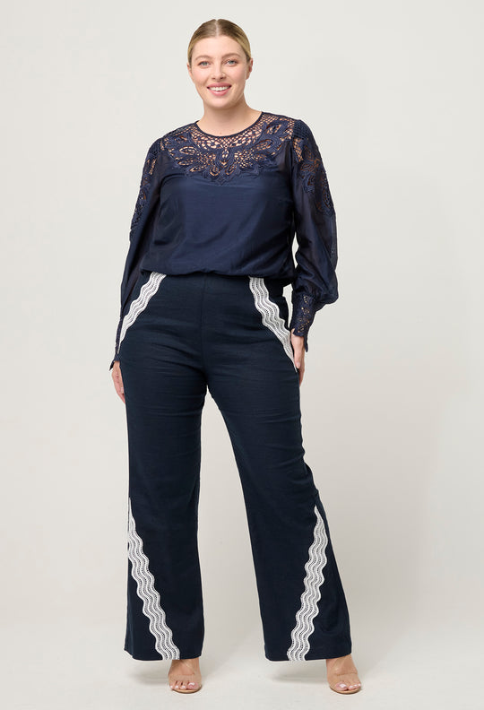 OnceWas Leandro Linen Viscose Stretch Pant in Night Sky