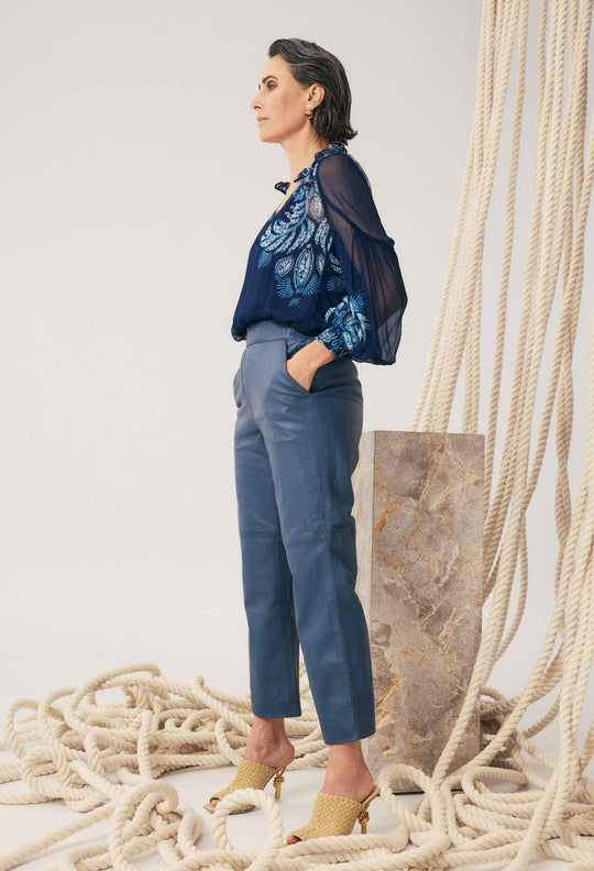 OnceWas Montoya Cropped Leather Straight Leg Pant in Stonewashed Blue