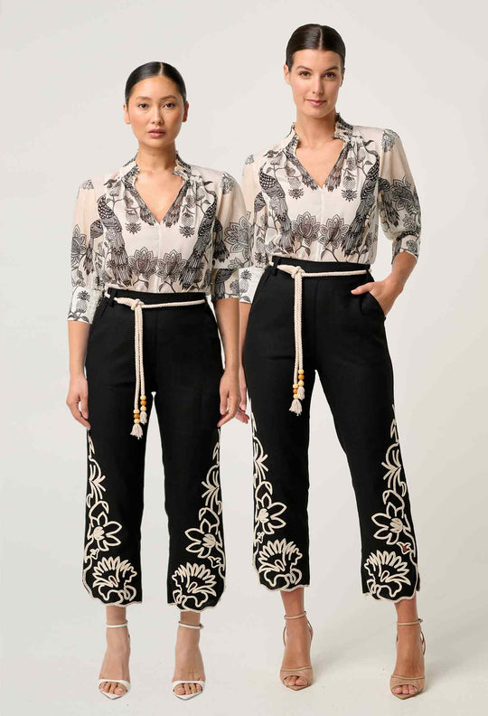 PETITE Helm Embroidered Linen Viscose Pant in Black