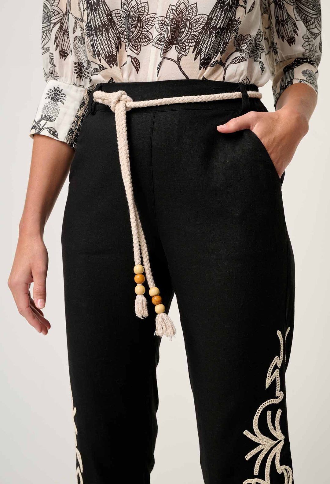 OnceWas PETITE Helm Embroidered Linen Viscose Pant in Black