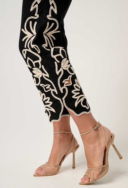 OnceWas Helm Embroidered Linen Viscose Pant in Black