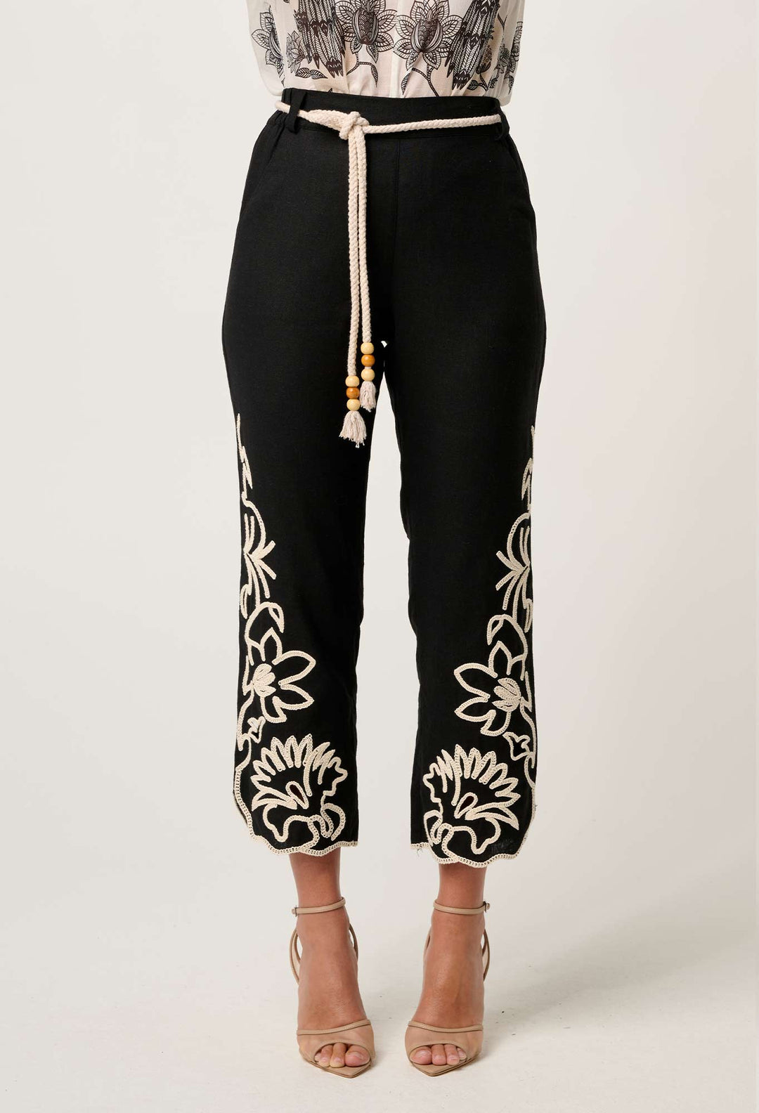 OnceWas Helm Embroidered Linen Viscose Pant in Black