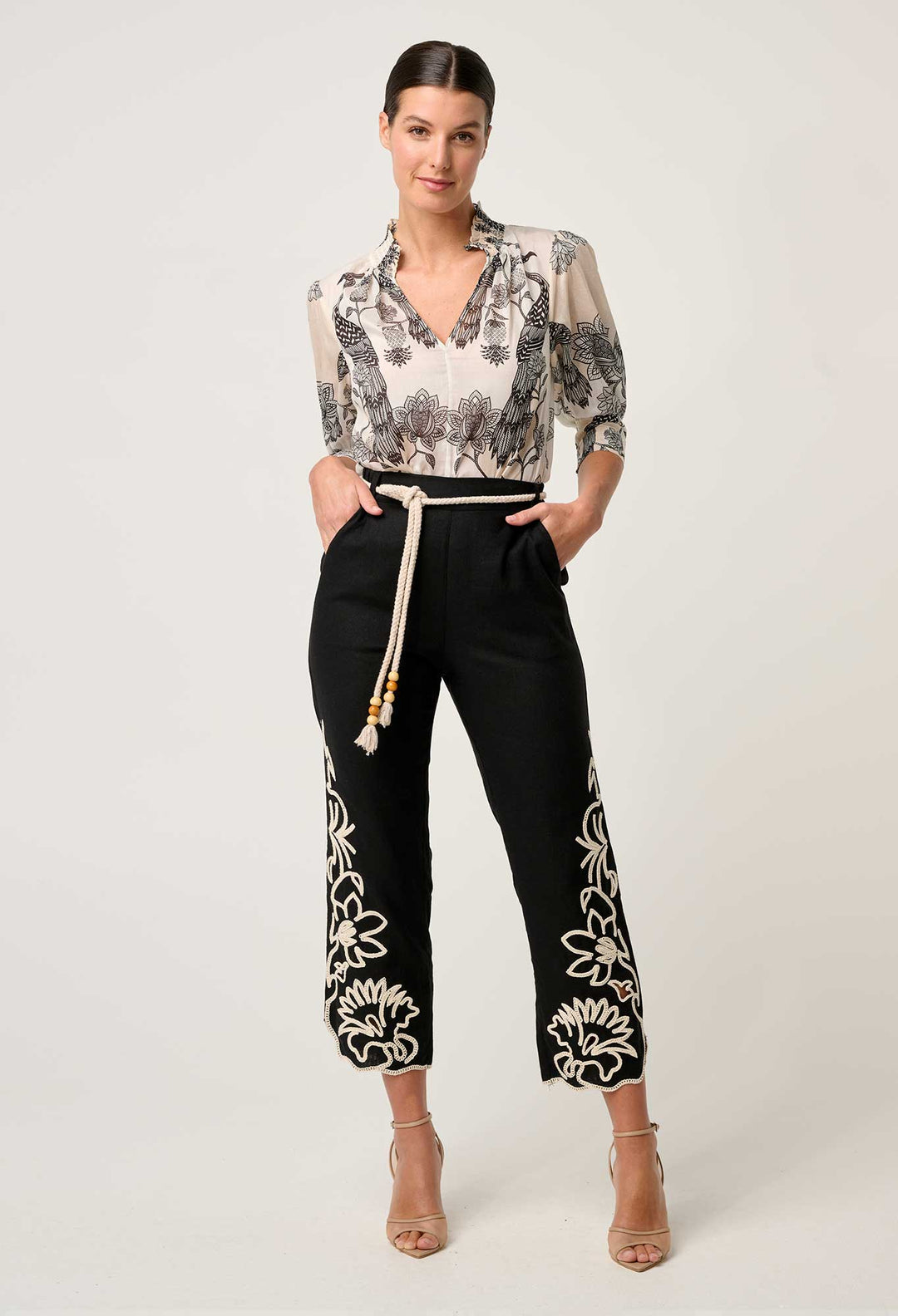 OnceWas Helm Embroidered Linen Viscose Pant in Black