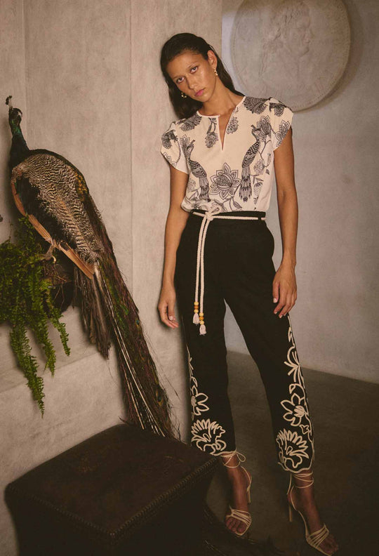 OnceWas Helm Embroidered Linen Viscose Pant in Black