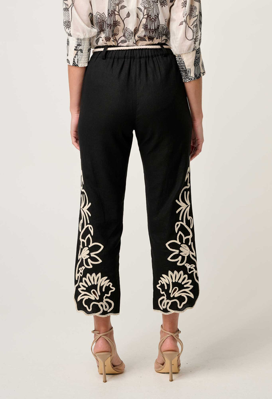 OnceWas Helm Embroidered Linen Viscose Pant in Black