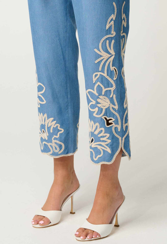 Helm Tencel Embroidered Straight Leg Pant in Sky