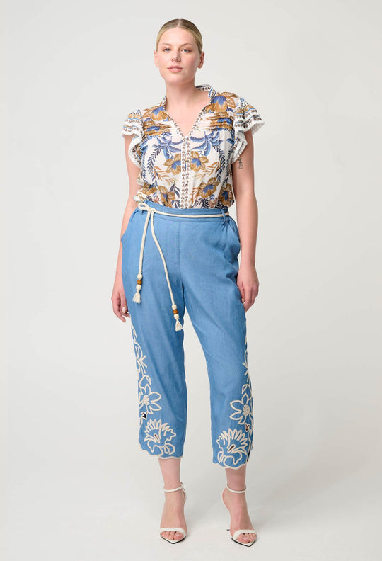 Helm Tencel Embroidered Straight Leg Pant in Sky