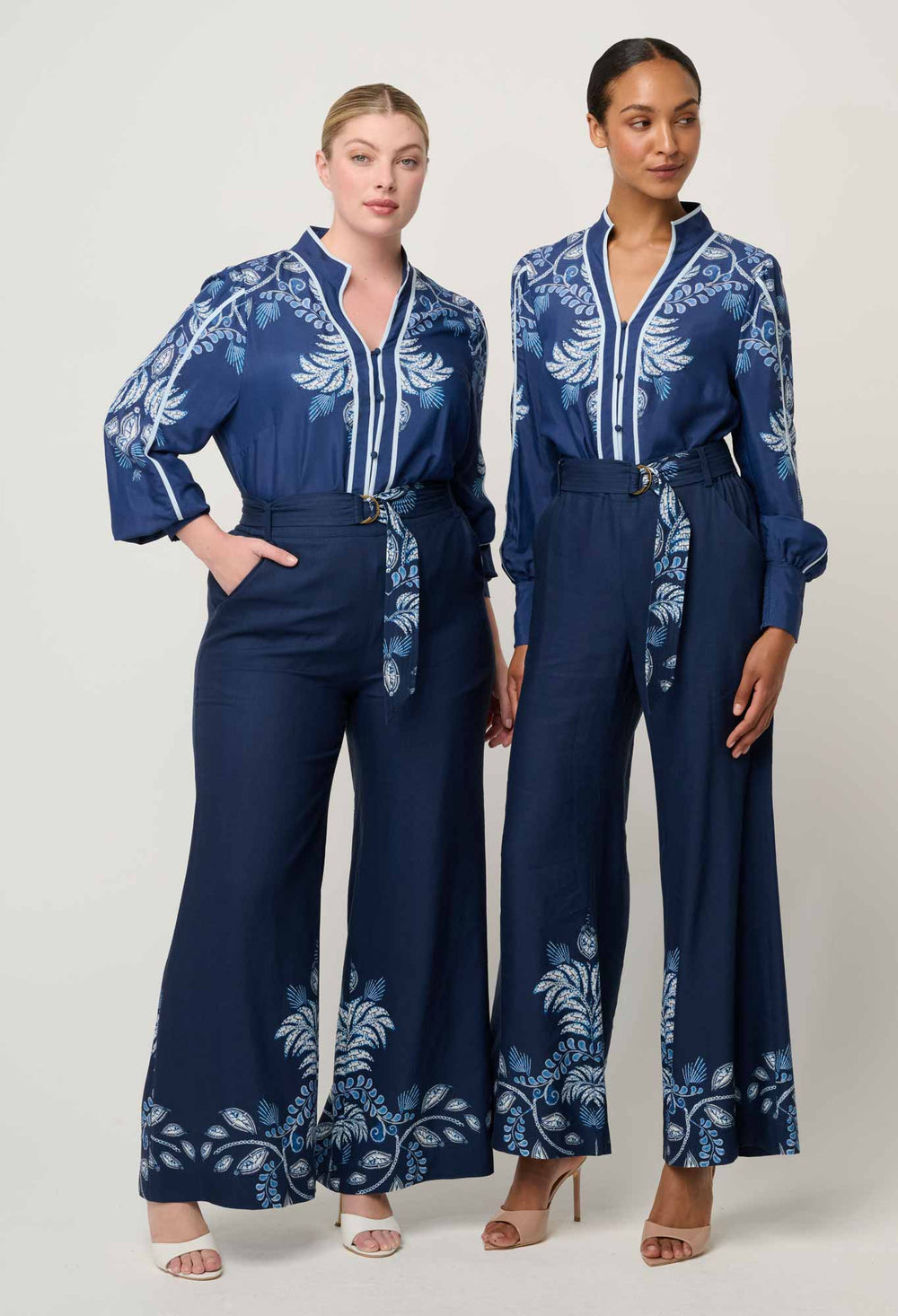 OnceWas Sloane Linen Viscose Wide Leg Pant with D-Ring Belt in Moonlit Batik