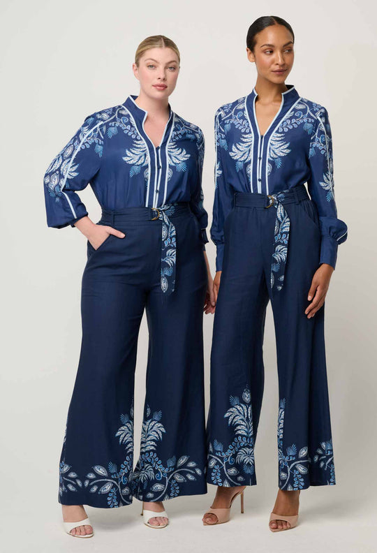 OnceWas Sloane Linen Viscose Wide Leg Pant with D-Ring Belt in Moonlit Batik