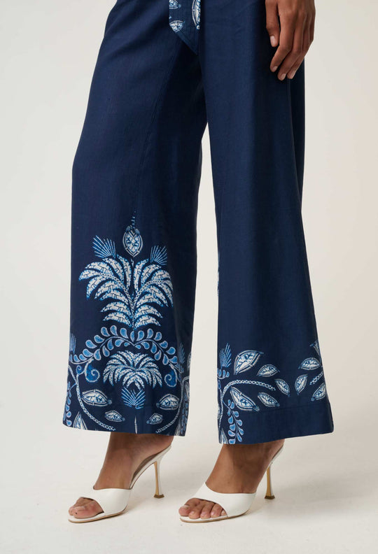 OnceWas PETITE Sloane Linen Viscose Wide Leg Pant with D-Ring Belt in Moonlit Batik