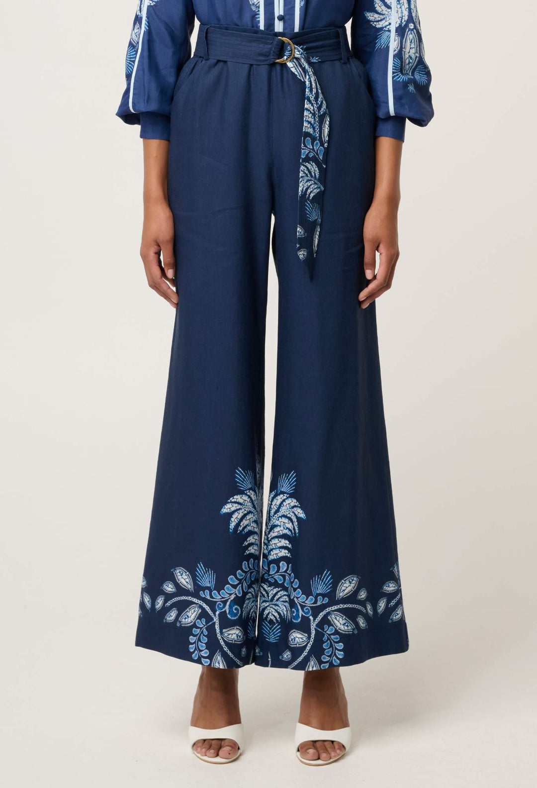 OnceWas Sloane Linen Viscose Wide Leg Pant with D-Ring Belt in Moonlit Batik