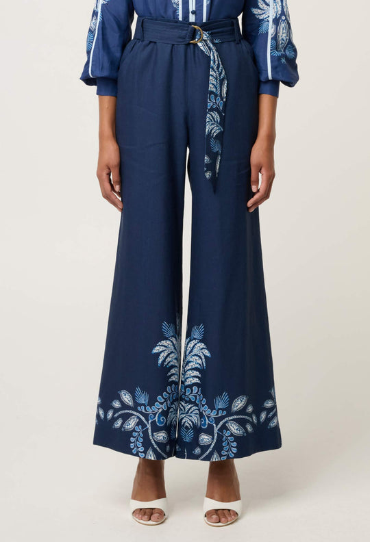OnceWas Sloane Linen Viscose Wide Leg Pant with D-Ring Belt in Moonlit Batik