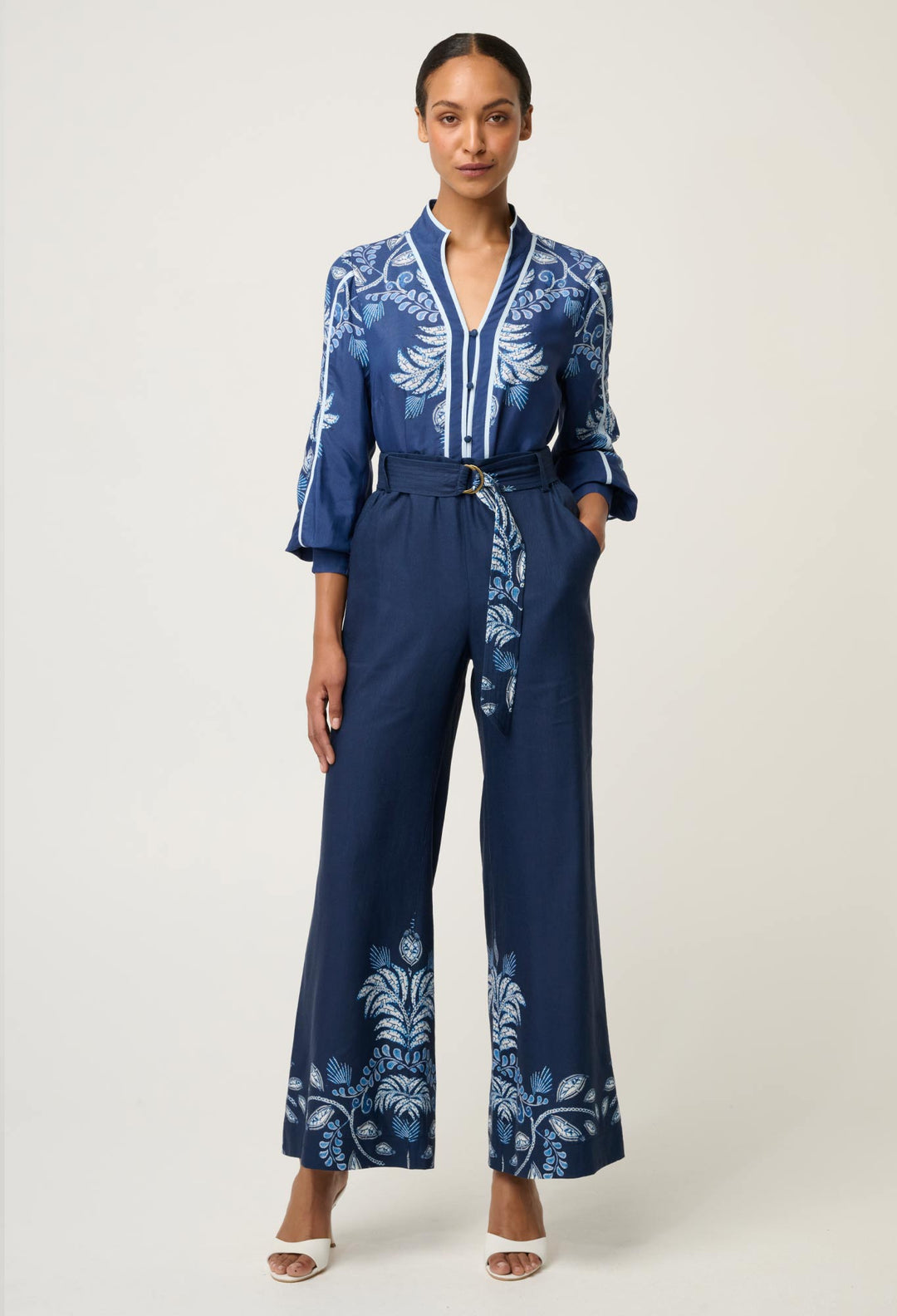 OnceWas Sloane Linen Viscose Wide Leg Pant with D-Ring Belt in Moonlit Batik