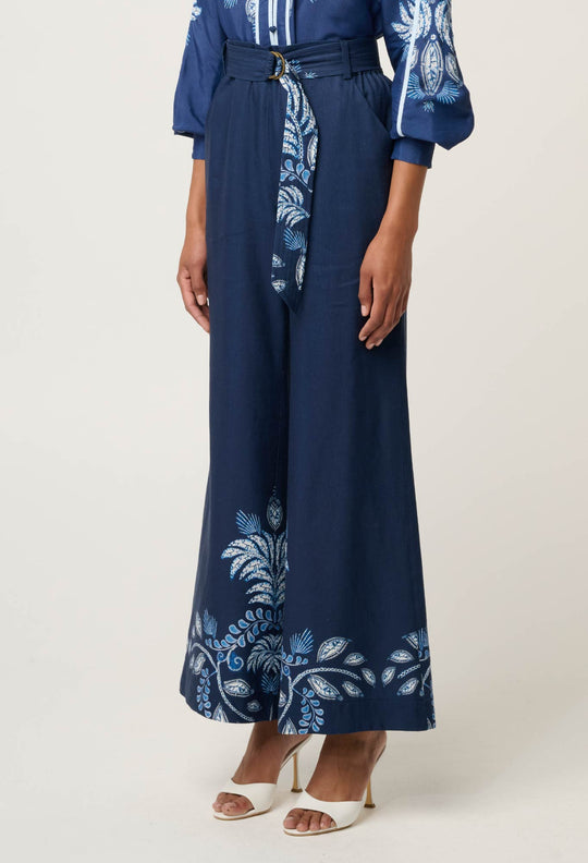 OnceWas Sloane Linen Viscose Wide Leg Pant with D-Ring Belt in Moonlit Batik
