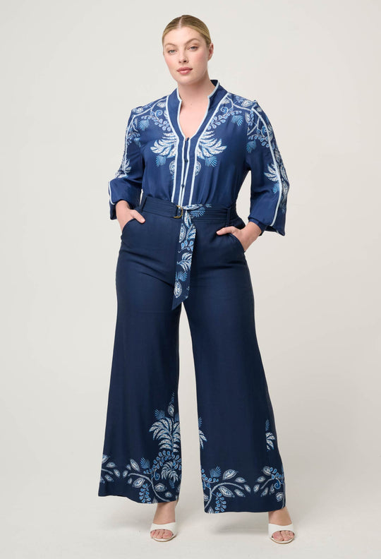 OnceWas Sloane Linen Viscose Wide Leg Pant with D-Ring Belt in Moonlit Batik