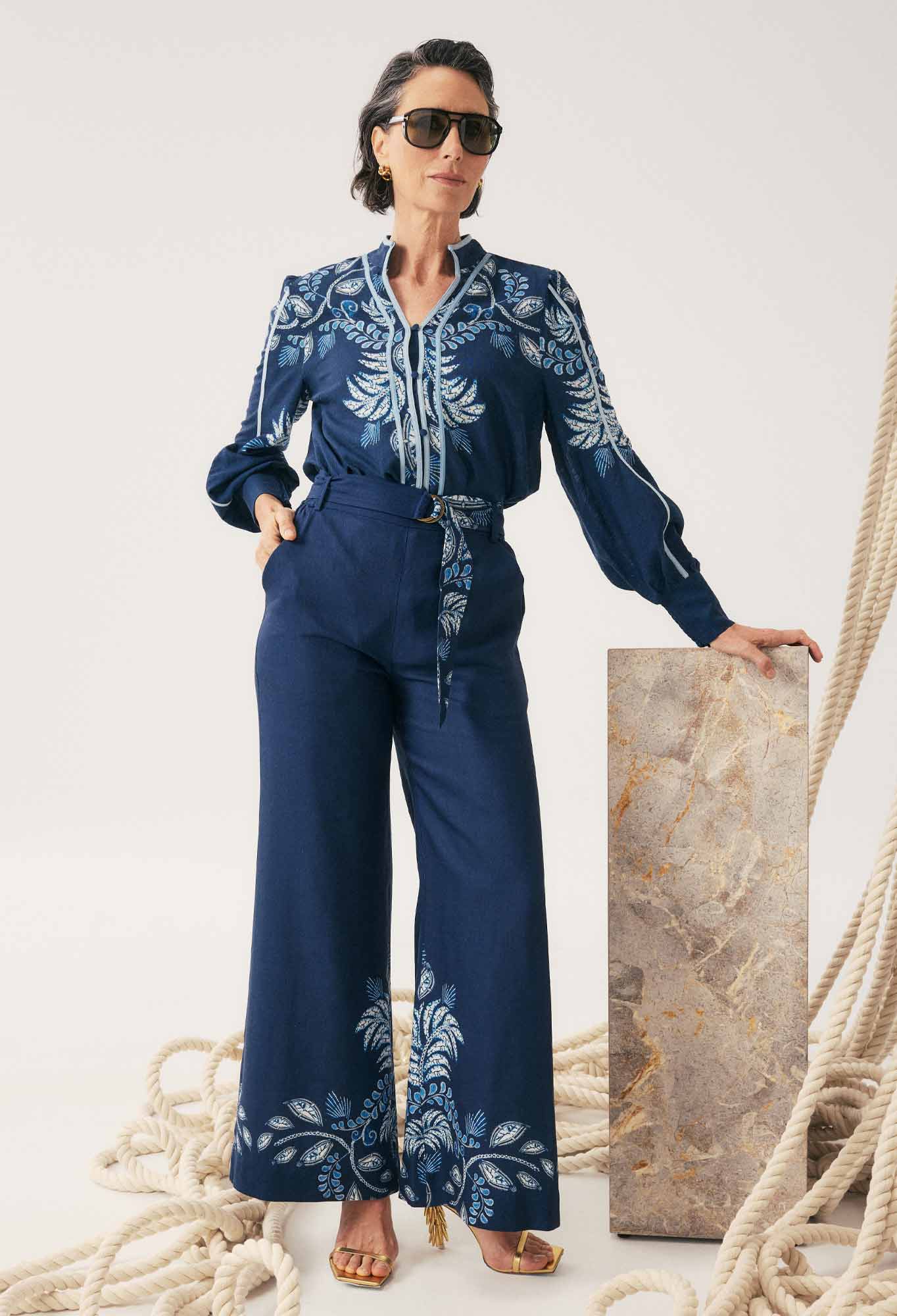 OnceWas Sloane Linen Viscose Wide Leg Pant with D-Ring Belt in Moonlit Batik