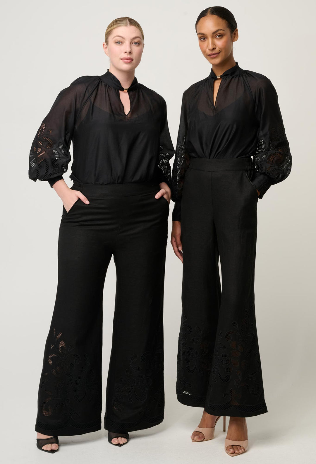 OnceWas Rhea Linen Viscose Embroidered Pant in Black