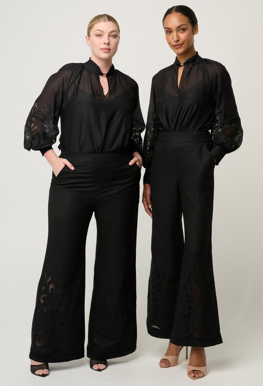OnceWas Rhea Linen Viscose Embroidered Pant in Black