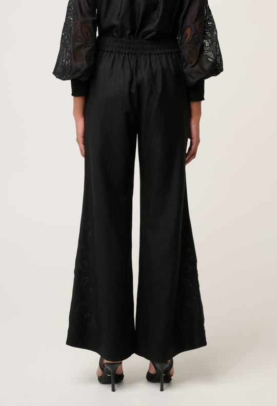 OnceWas Rhea Linen Viscose Embroidered Pant in Black