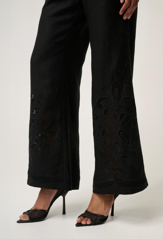 OnceWas Rhea Linen Viscose Embroidered Pant in Black