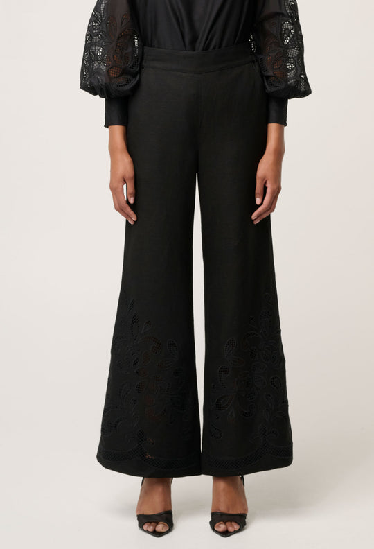 OnceWas Rhea Linen Viscose Embroidered Pant in Black