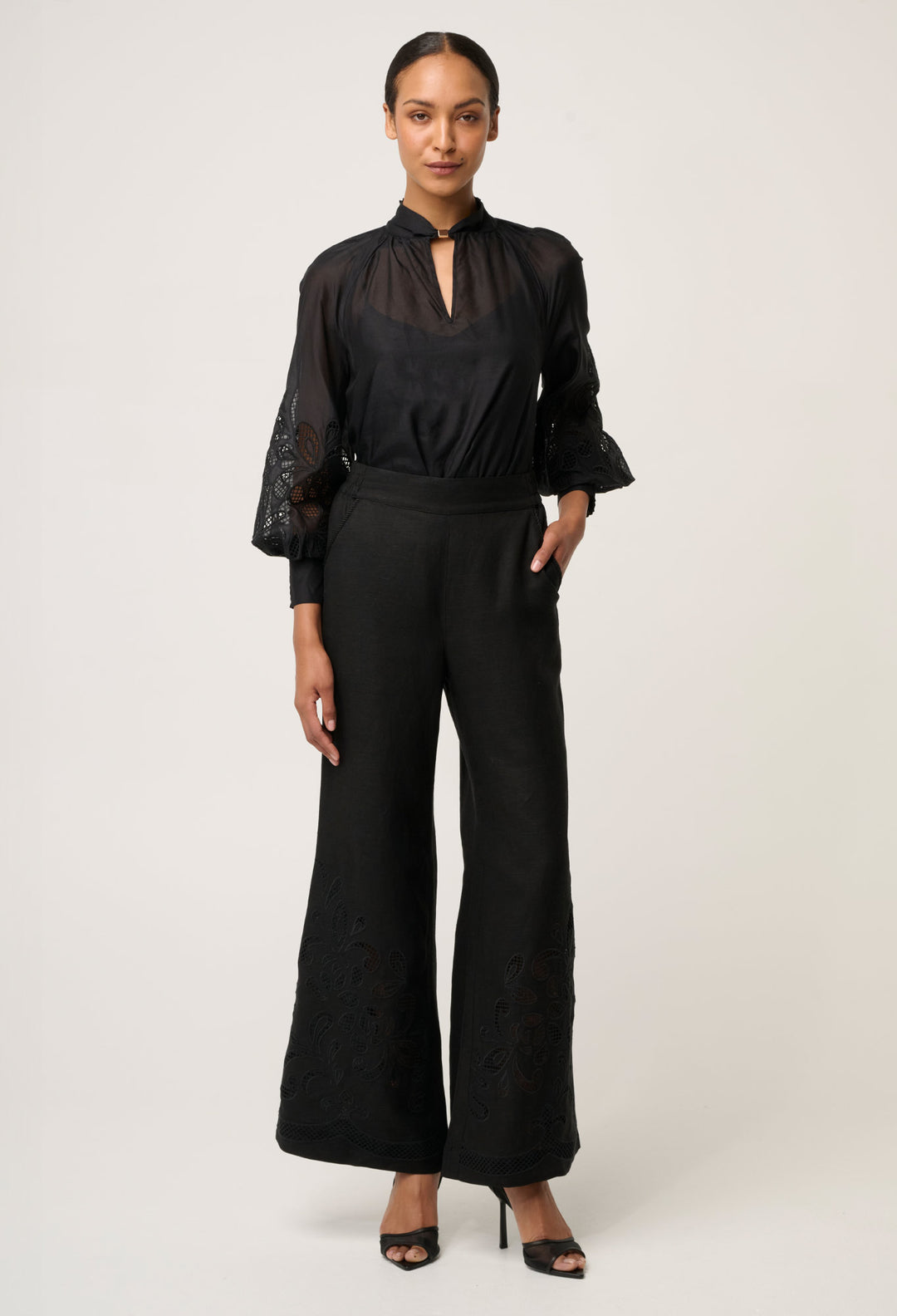OnceWas Rhea Linen Viscose Embroidered Pant in Black