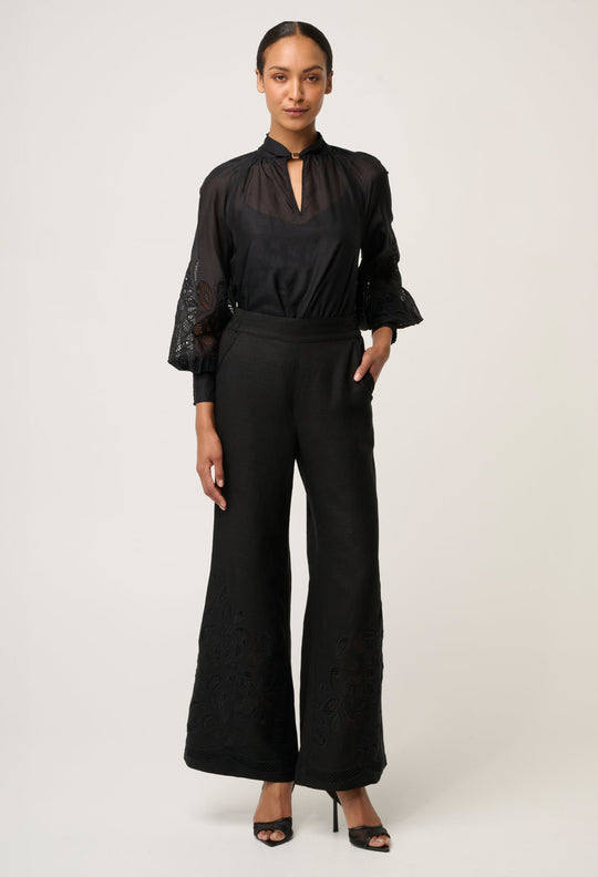 OnceWas Rhea Linen Viscose Embroidered Pant in Black