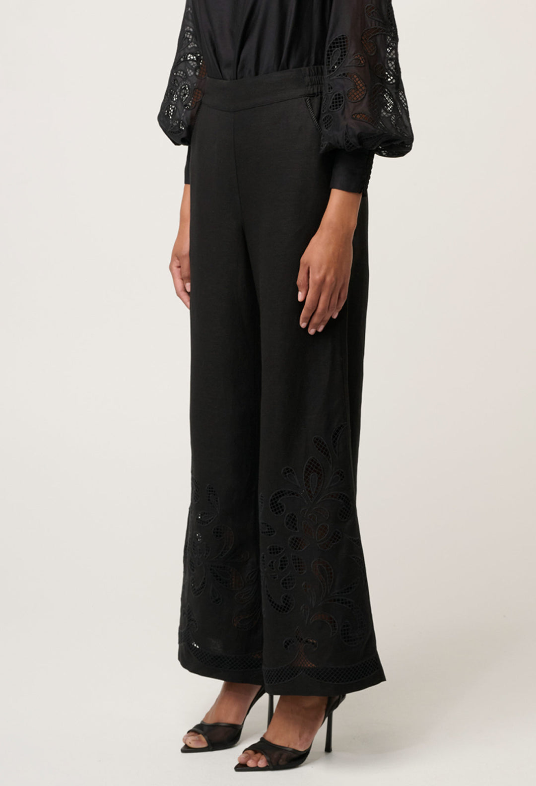 OnceWas Rhea Linen Viscose Embroidered Pant in Black