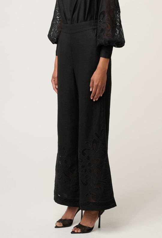 OnceWas Rhea Linen Viscose Embroidered Pant in Black