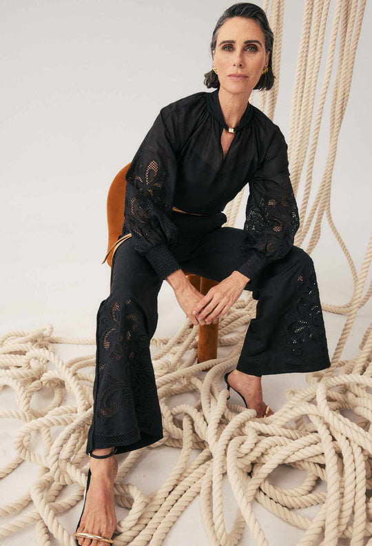 OnceWas Rhea Linen Viscose Embroidered Pant in Black