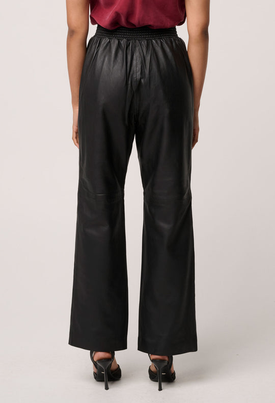 OnceWas Joan Genuine Leather Elasticated Waist Straight Pant in Black