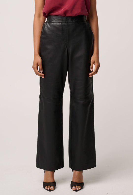 Joan Genuine Leather Elasticated Waist Straight Pant in Black