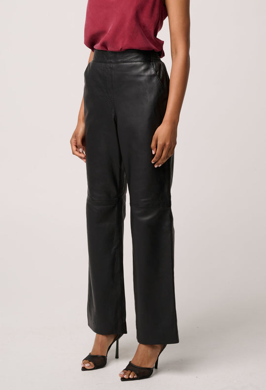 OnceWas Joan Genuine Leather Elasticated Waist Straight Pant in Black