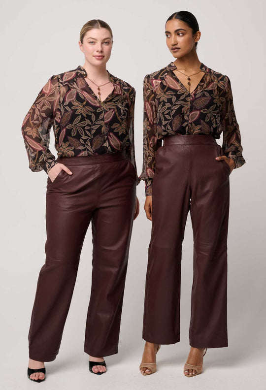 Joan Leather Elasticated Waist Straight Leg Pant in Oxblood