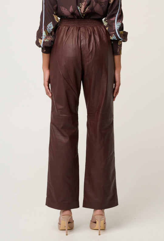 OnceWas Joan Leather Elasticated Waist Straight Leg Pant in Oxblood