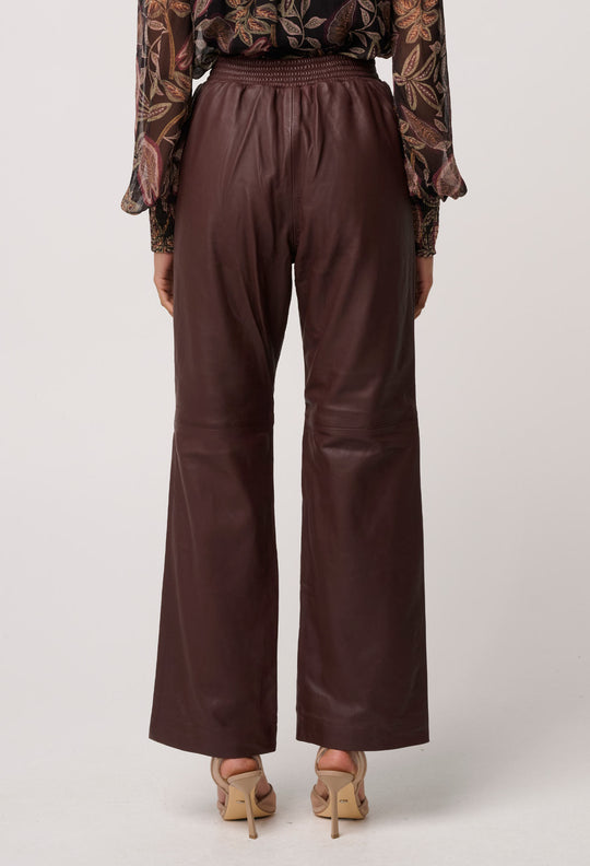 Joan Leather Elasticated Waist Straight Leg Pant in Oxblood