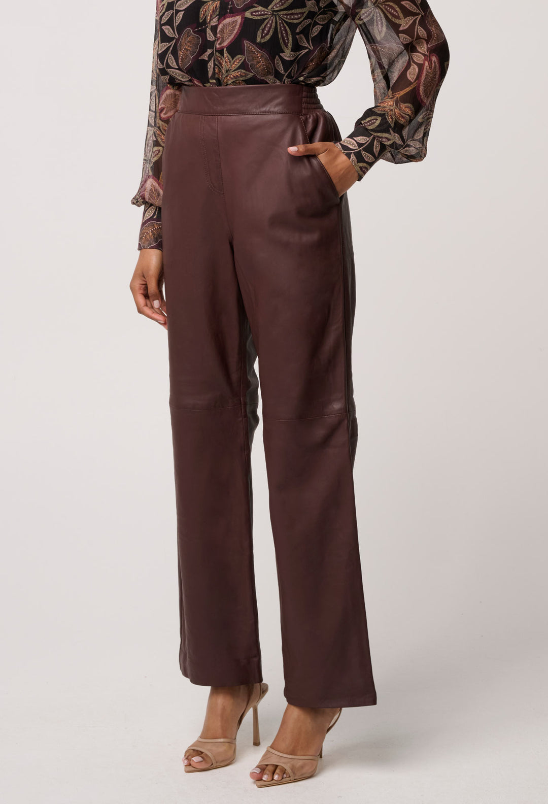 Joan Leather Elasticated Waist Straight Leg Pant in Oxblood