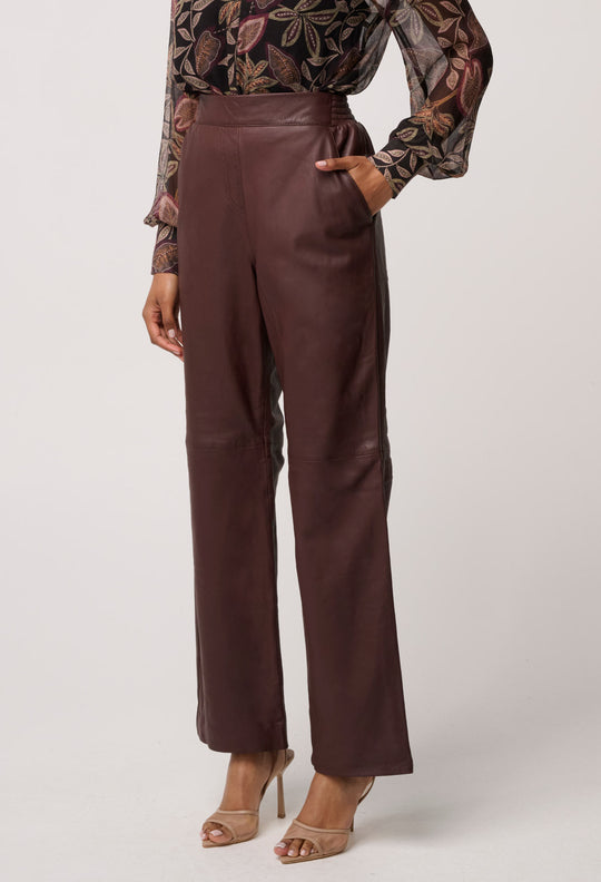 Joan Leather Elasticated Waist Straight Leg Pant in Oxblood