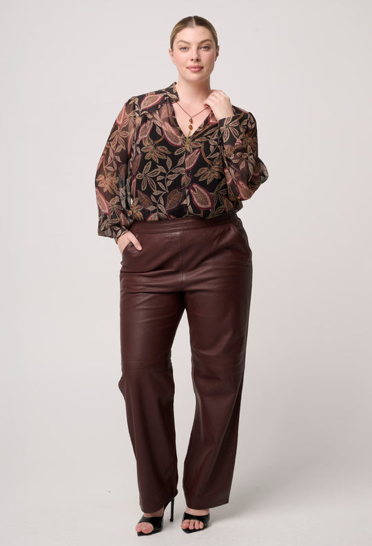 Joan Leather Elasticated Waist Straight Leg Pant in Oxblood