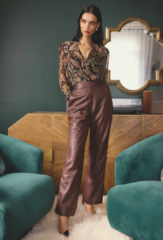 Joan Leather Elasticated Waist Straight Leg Pant in Oxblood